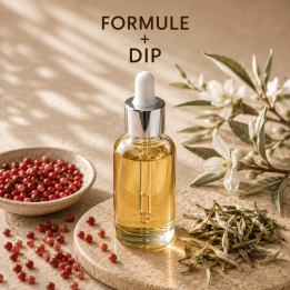 Formule validée avec DIP SERUM ANTI AGE CANNABIDIOL POIVRE ROSE ET THE BLANC